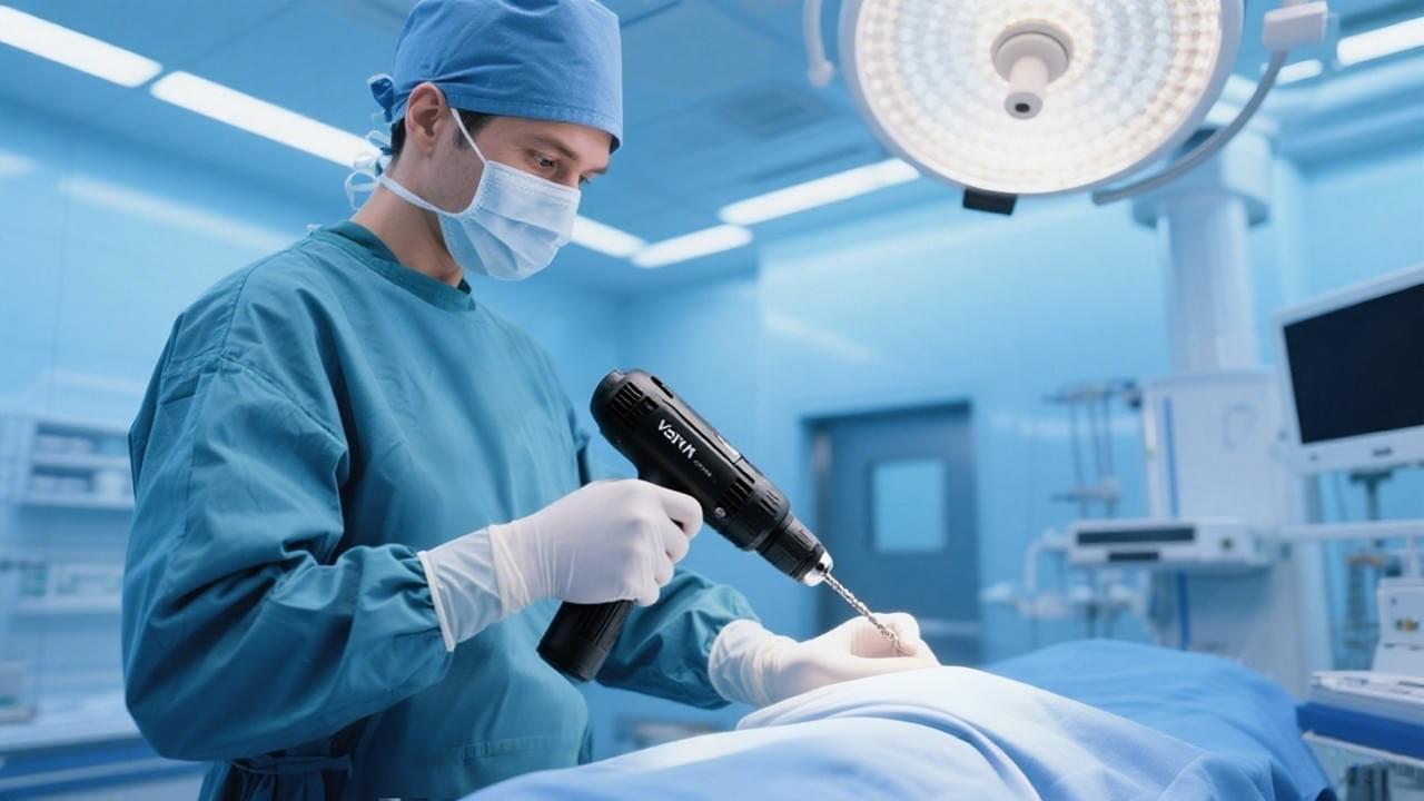 정형외과 의사는 최신 수술실에서 첨단 수술 전동 공구를 사용하여 안전, 성능 및 비용 효율성을 보장합니다.