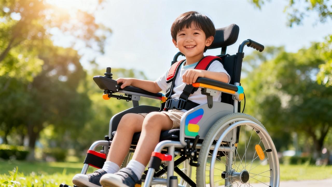 Children’s wheelchair selection — a smiling child using an adaptive pediatric wheelchair designed for comfort, posture, and growth adaptability.