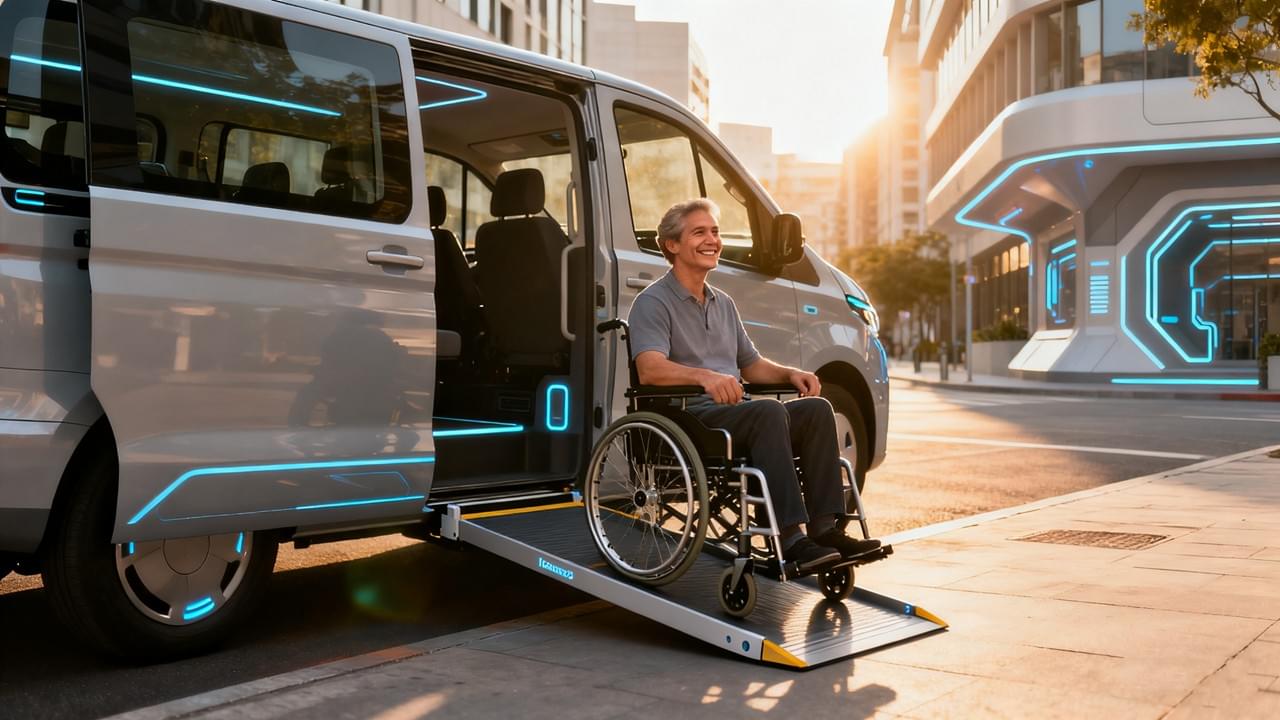 Modernes rollstuhlgerechtes Transportmittel mit einem Benutzer, der über eine automatische Rampe in ein Elektrofahrzeug einsteigt, als Symbol für Freiheit und intelligente Mobilitätslösungen.