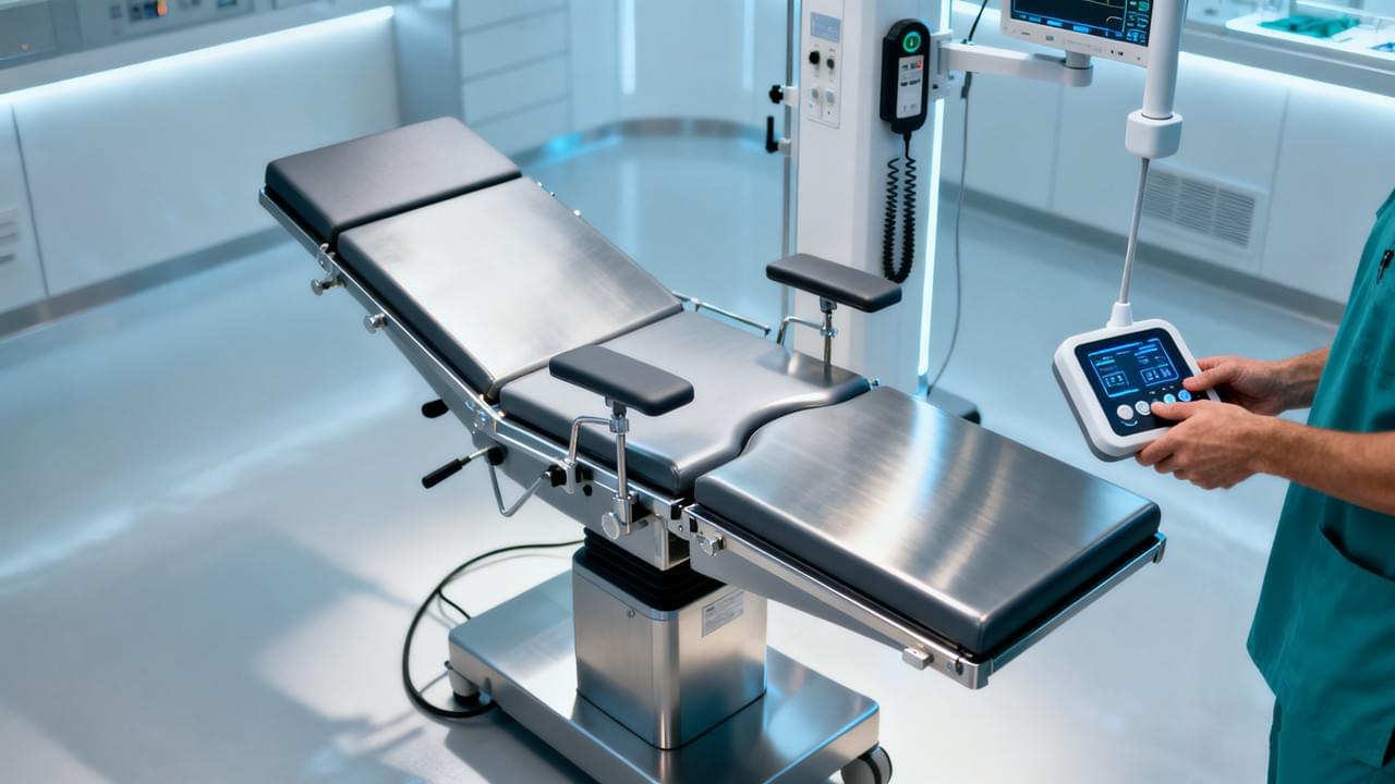 Modern Electric Operating Table featuring an electro-hydraulic column and digital control pendant for precise patient positioning during surgery.