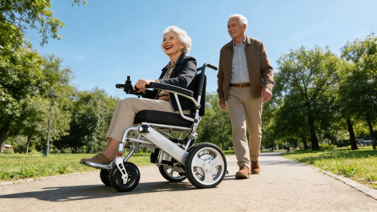 Stylish elderly woman confidently driving a modern electric wheelchair demanding freedom in a sunny park with her partner, showcasing modern senior mobility solutions.