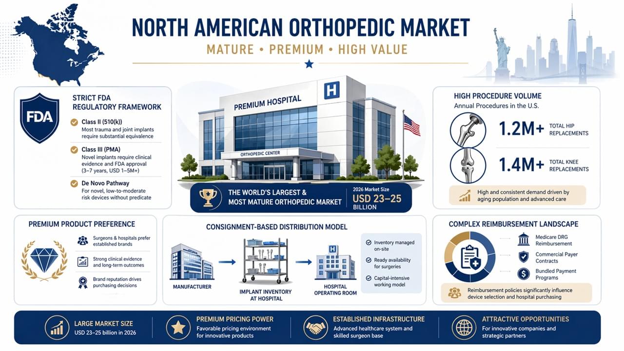 North America orthopedic market characteristics premium procedures FDA regulation and distribution