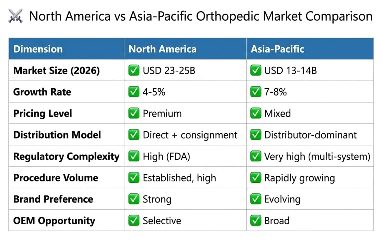 Orthopedic market comparison table North America Asia Pacific pricing regulatory distribution models