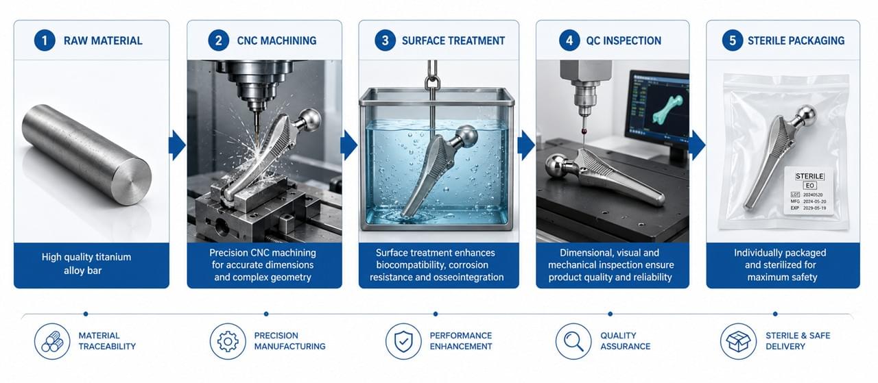 Orthopedic Implants: 7 Essential Materials & Manufacturing Technologies Driving Modern Surgery 3 Orthopedic implant manufacturing process CNC machining surface treatment quality control
