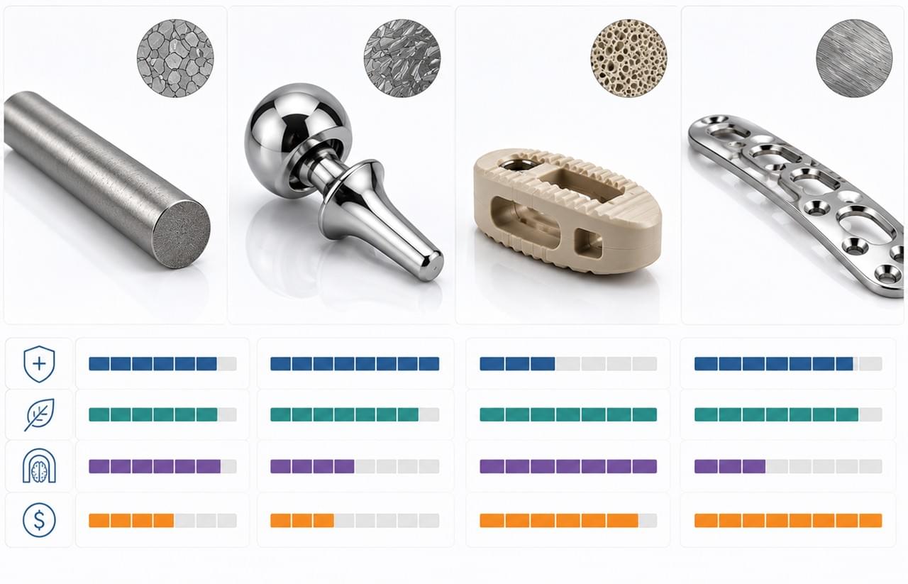 Orthopedic Implants: 7 Essential Materials & Manufacturing Technologies Driving Modern Surgery 2 Orthopedic implant materials comparison titanium PEEK cobalt chrome stainless steel properties