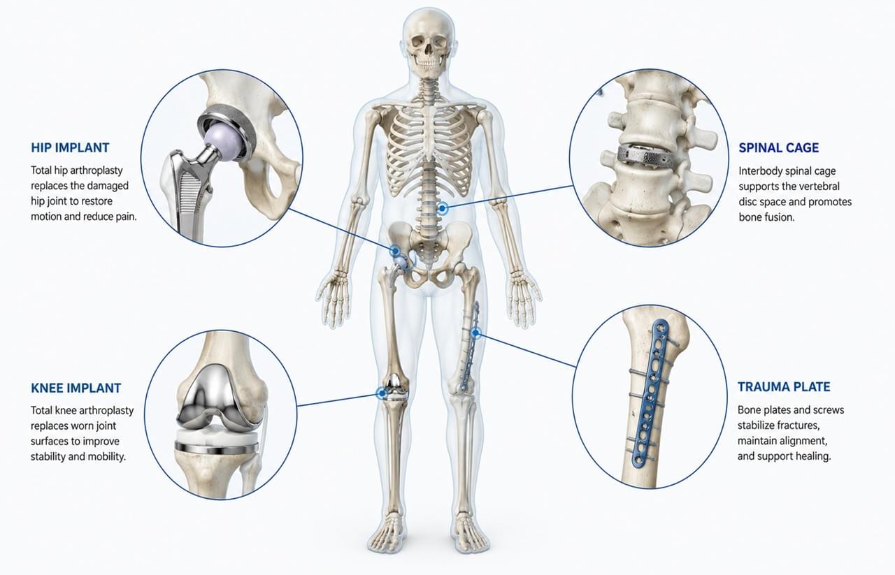 Orthopedic Implants: 7 Essential Materials & Manufacturing Technologies Driving Modern Surgery 1 Orthopedic implants anatomical classification hip knee spine trauma placement guide