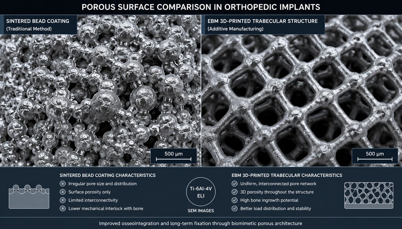 3D printed orthopedic implants porous structure comparison sintered bead vs trabecular lattice
