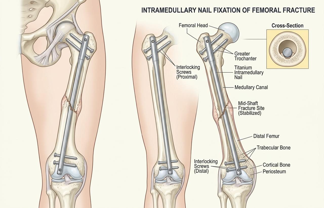 Travma İmplantları: Plakalar, Vidalar ve İntramedüller Çiviler Hakkında 7 Temel İçgörü 3 İntramedüller çivi femur travma implantı kilitlemeli vida fiksasyon tekniği