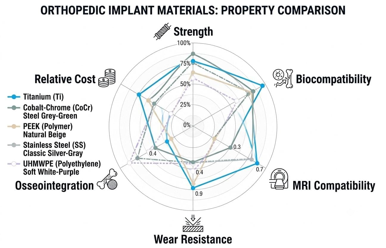 Orthopedic implant materials performance comparison radar chart titanium PEEK stainless steel