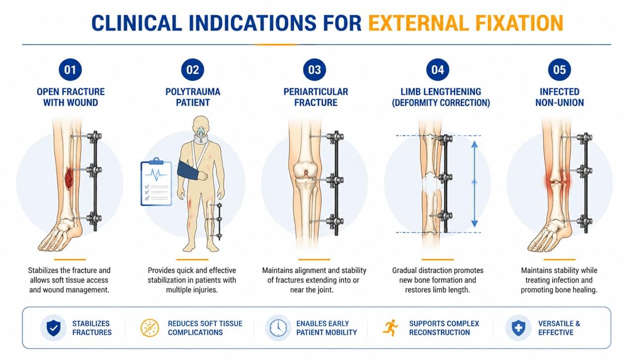 External fixation clinical indications open fracture damage control limb lengthening deformity