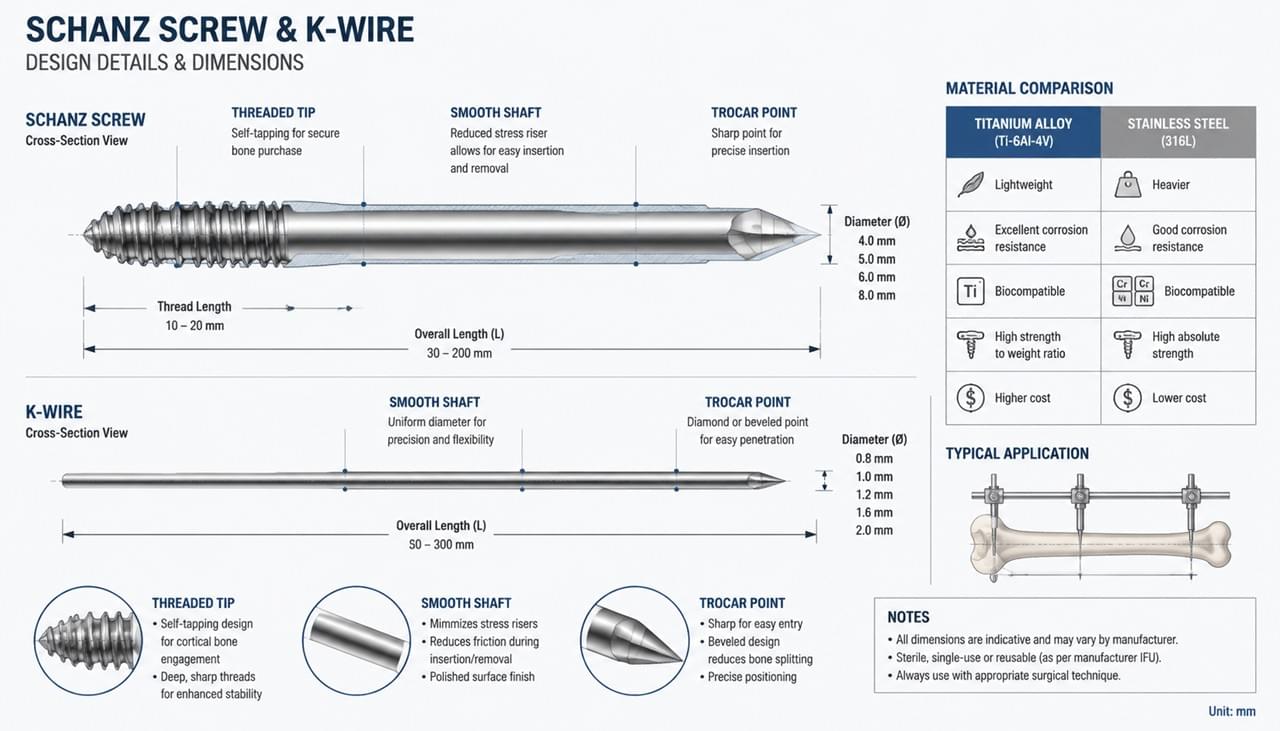 External fixator pins Schanz screws K-wires design specifications titanium stainless steel