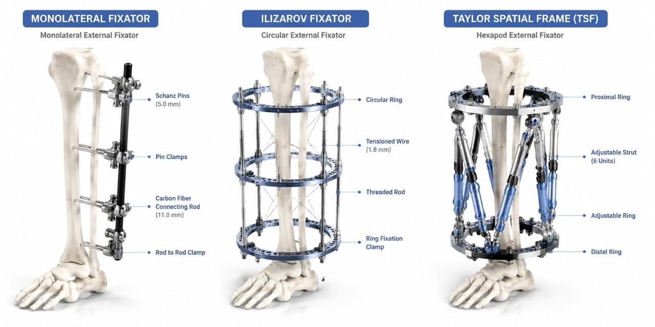 External fixator types comparison monolateral circular Ilizarov hexapod Taylor Spatial Frame