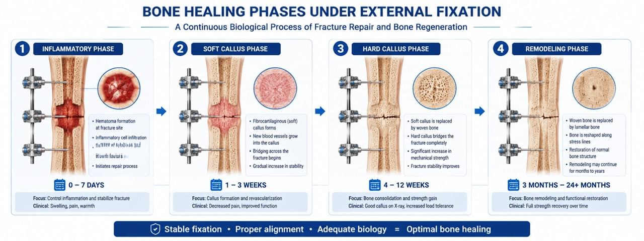 External Fixation Decoded: 5 Proven Steps to Faster Fracture Healing 3 Bone healing phases external fixation inflammation callus remodeling timeline