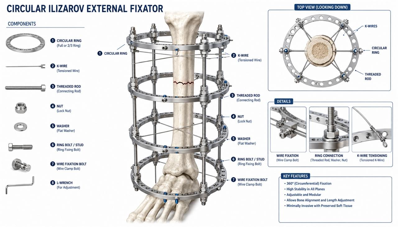 Monolateral External Fixator vs Circular: 7 Vital Differences to Know 2 Circular Ilizarov external fixator rings K-wires threaded rods components design