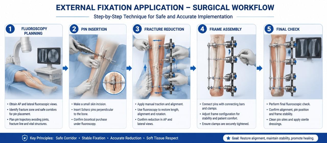 External Fixation Decoded: 5 Proven Steps to Faster Fracture Healing 2 External fixation surgical workflow steps pin insertion fracture reduction frame assembly