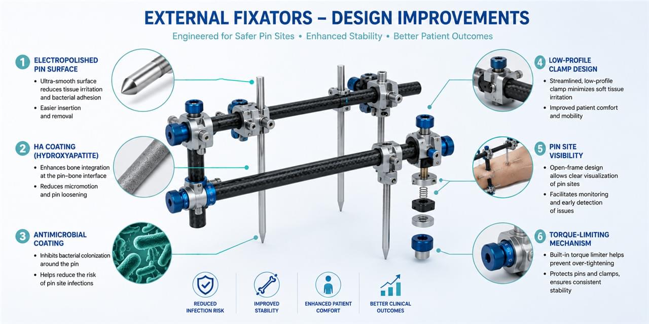 External Fixator Complications: 7 Proven Prevention Tips That Actually Work 3 External fixator design improvements infection reduction pin coating clamp ergonomics