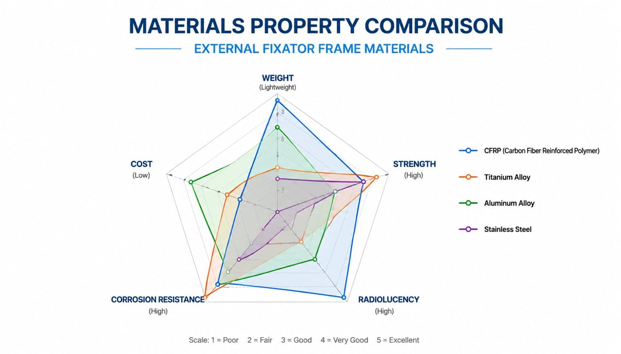 External Fixator Materials Decoded: 5 Critical Factors Behind Stronger Frames 1 External fixator frame materials comparison chart carbon fiber aluminum stainless titanium