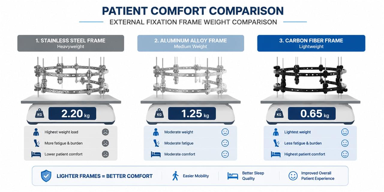 External Fixator Materials Decoded: 5 Critical Factors Behind Stronger Frames 3 External fixator frame weight comparison carbon fiber aluminum stainless patient comfort