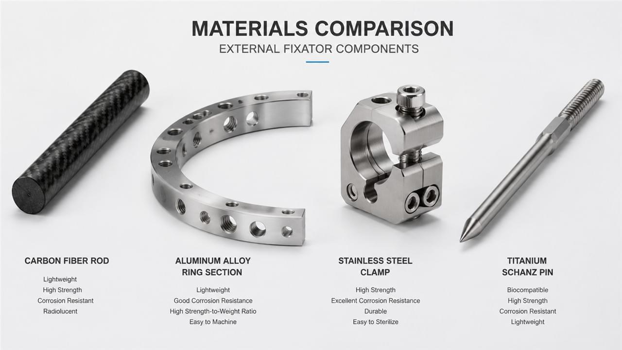 Home 9 External fixator materials carbon fiber aluminum stainless steel titanium comparison