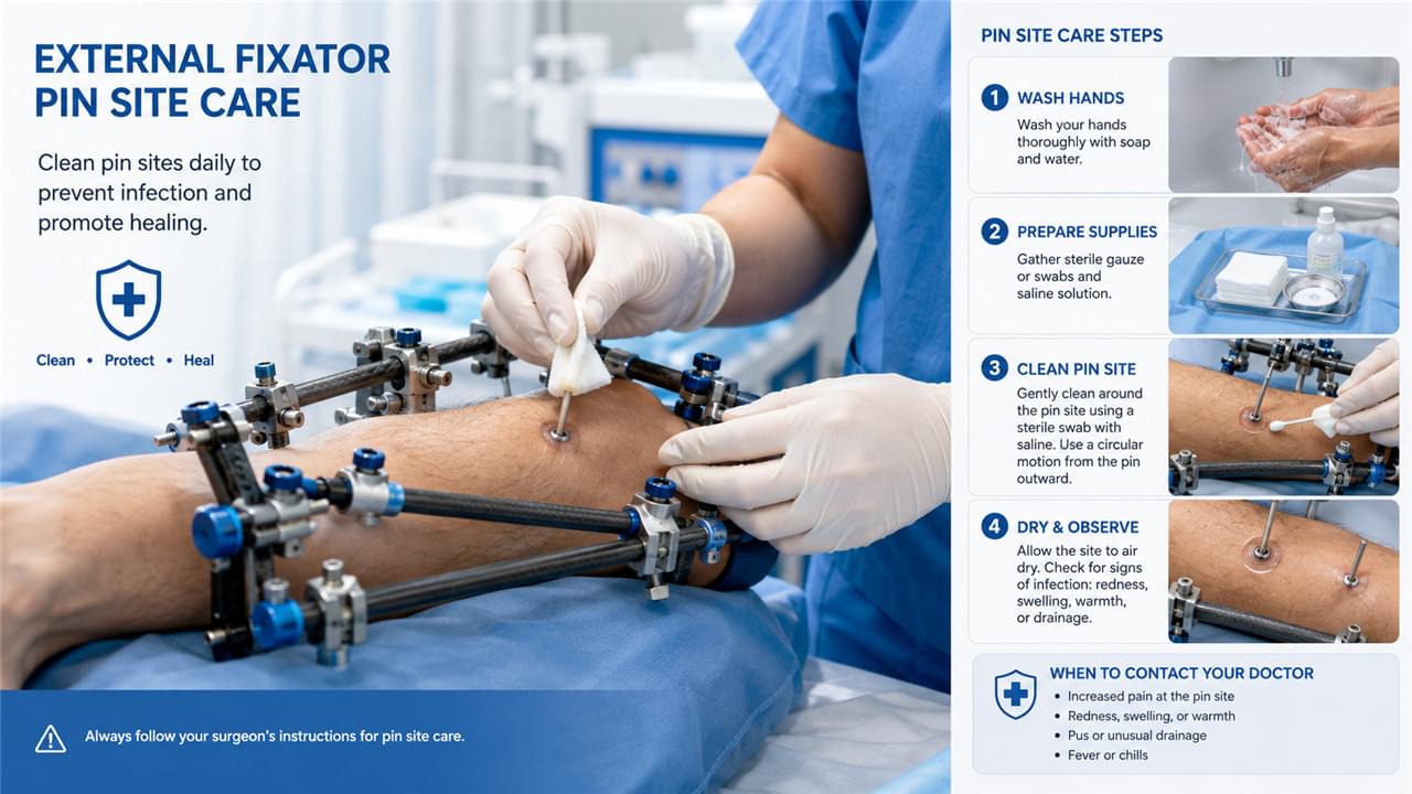 Learn to prevent external fixator complications — pin site infection, frame loosening, malunion, and joint stiffness. A practical care guide.