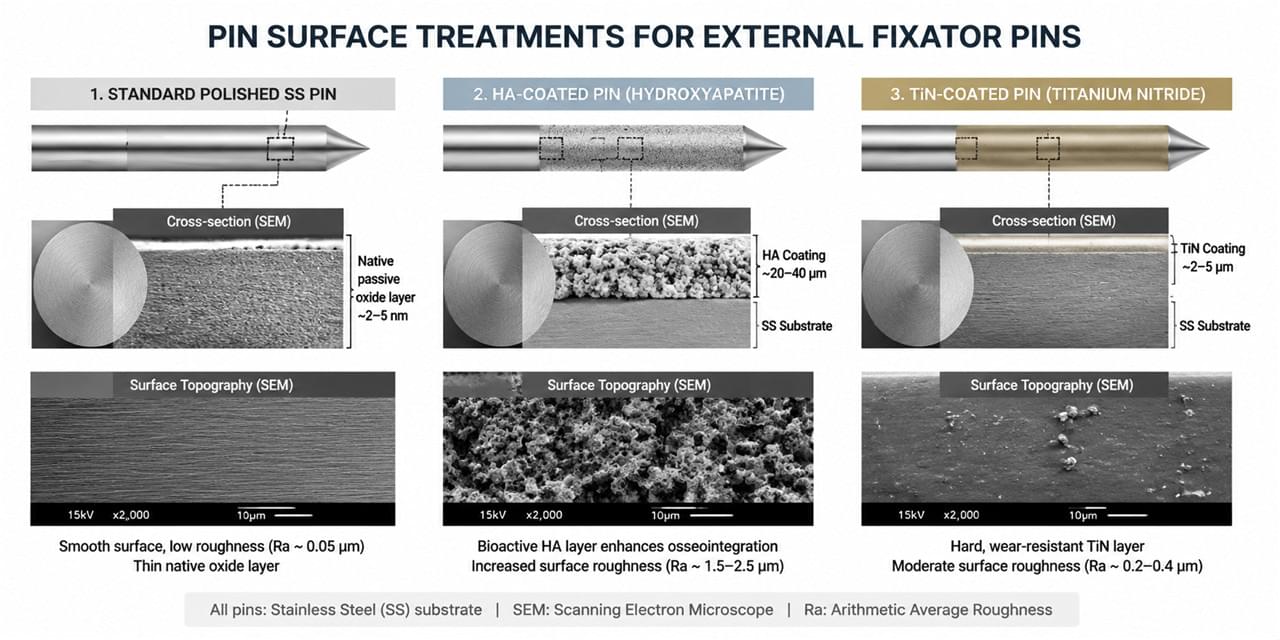 External Fixator Materials Decoded: 5 Critical Factors Behind Stronger Frames 2 External fixator pins surface treatment HA coating TiN coating infection prevention