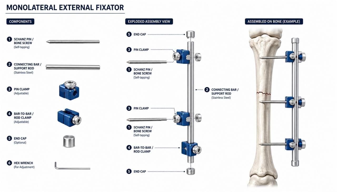 Monolateral External Fixator vs Circular: 7 Vital Differences to Know 1 Monolateral external fixator components Schanz pins bar clamps exploded assembly view