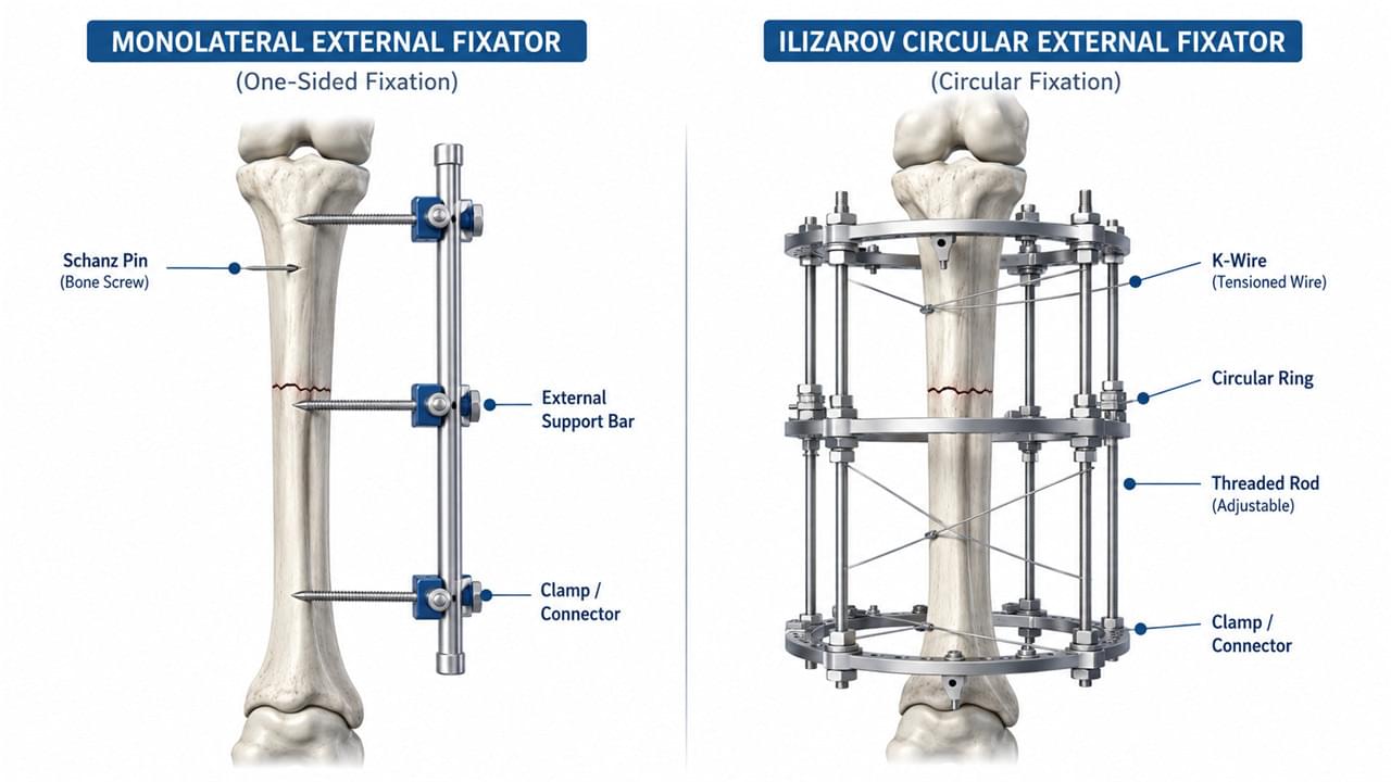 Home 9 Monolateral external fixator vs circular Ilizarov frame orthopedic comparison design