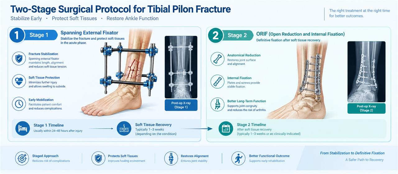 Tibial pilon fracture two stage protocol external fixation ORIF soft tissue recovery
