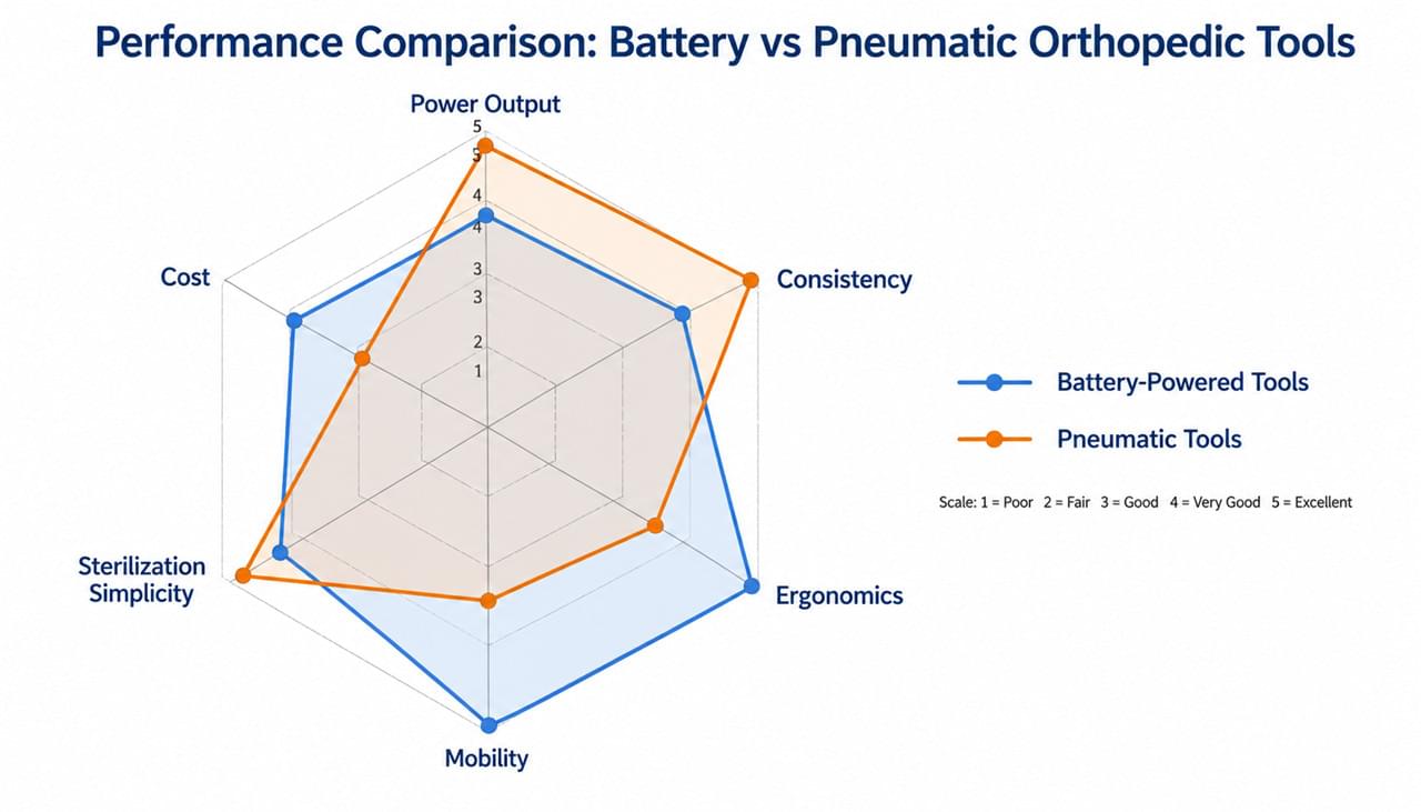 Battery Powered Orthopedic Tools vs Corded: 7 Hard Truths Every OR Buyer Should Know 1 Battery vs pneumatic orthopedic power tools performance comparison radar chart