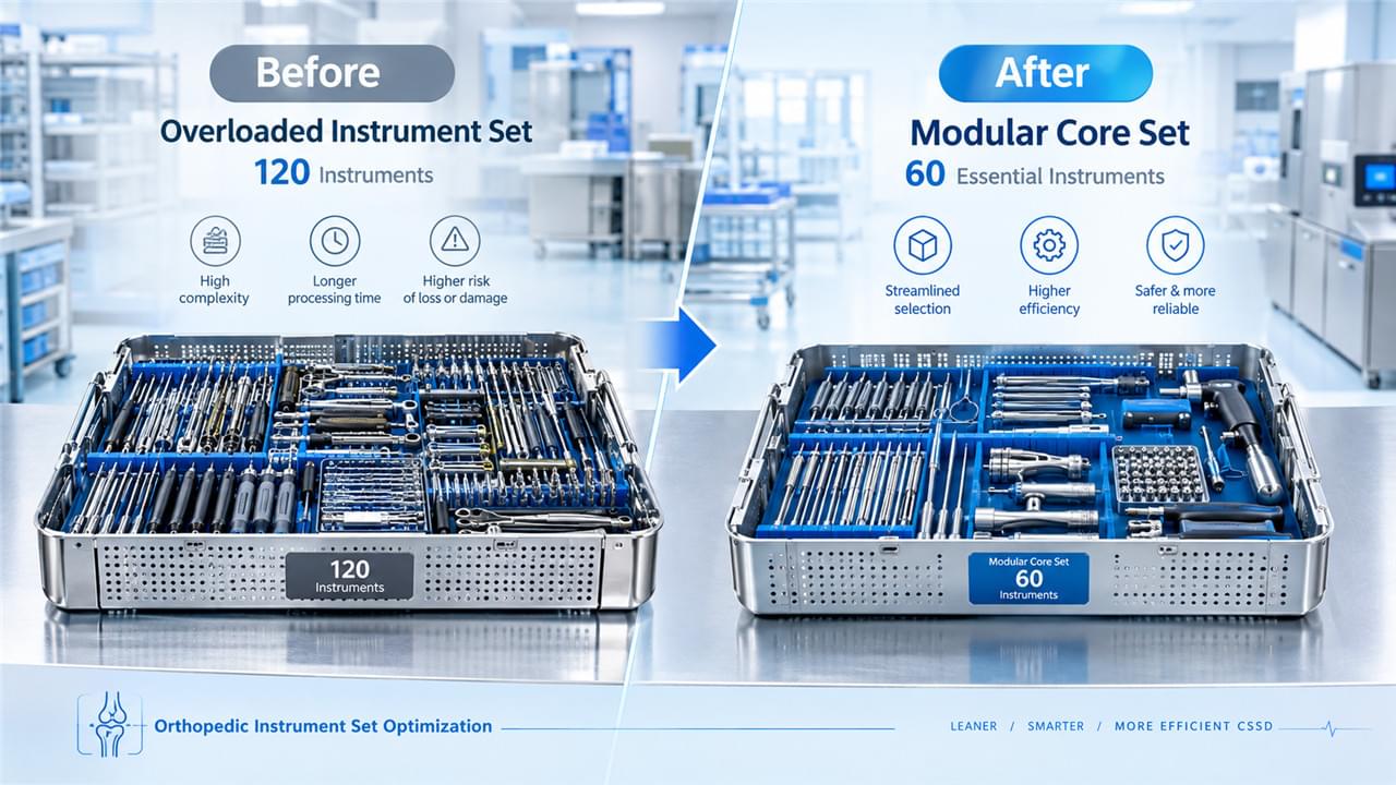 Orthopedic instrument configuration optimization — overloaded tray before and lean modular tray after