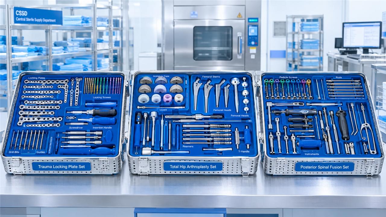 The orthopedic trauma instrument set decoded — plus joint replacement and spine sets. See what each tray contains, tray weights, and how to configure yours.