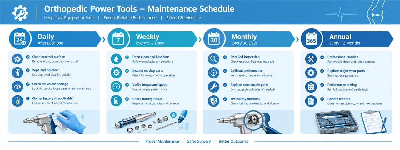 Orthopedic Power Tool Sterilization Explained: 7 Steps to a Flawless Sterile Field 3 Orthopedic power tool maintenance schedule daily weekly monthly annual cycles
