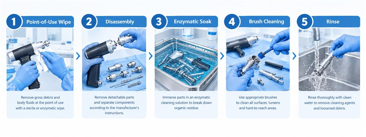 Orthopedic Power Tool Sterilization Explained: 7 Steps to a Flawless Sterile Field 1 Orthopedic power tool pre-cleaning protocol steps enzymatic soak brush rinse