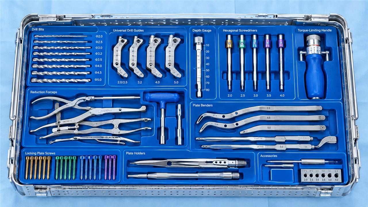 The Orthopedic Trauma Instrument Set Playbook: 3 Surgery Categories Every OR Should Master 1 Orthopedic trauma instrument set for locking plating with drill bits, screwdrivers and reduction forceps
