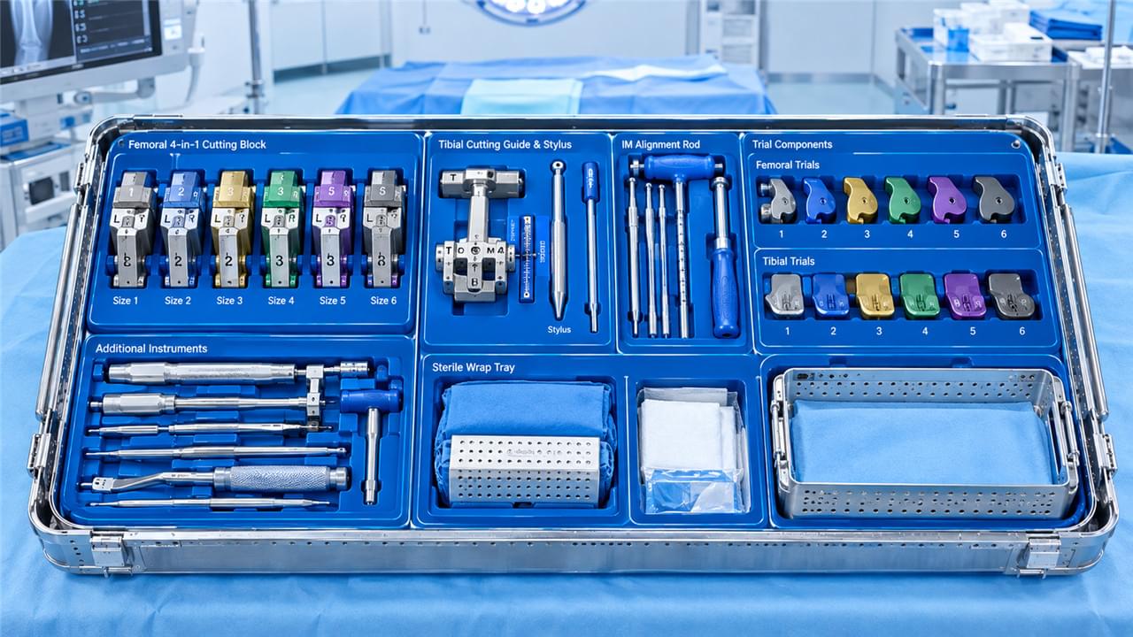 The Orthopedic Trauma Instrument Set Playbook: 3 Surgery Categories Every OR Should Master 2 Total knee arthroplasty instrument set with color-coded cutting guides and trial components