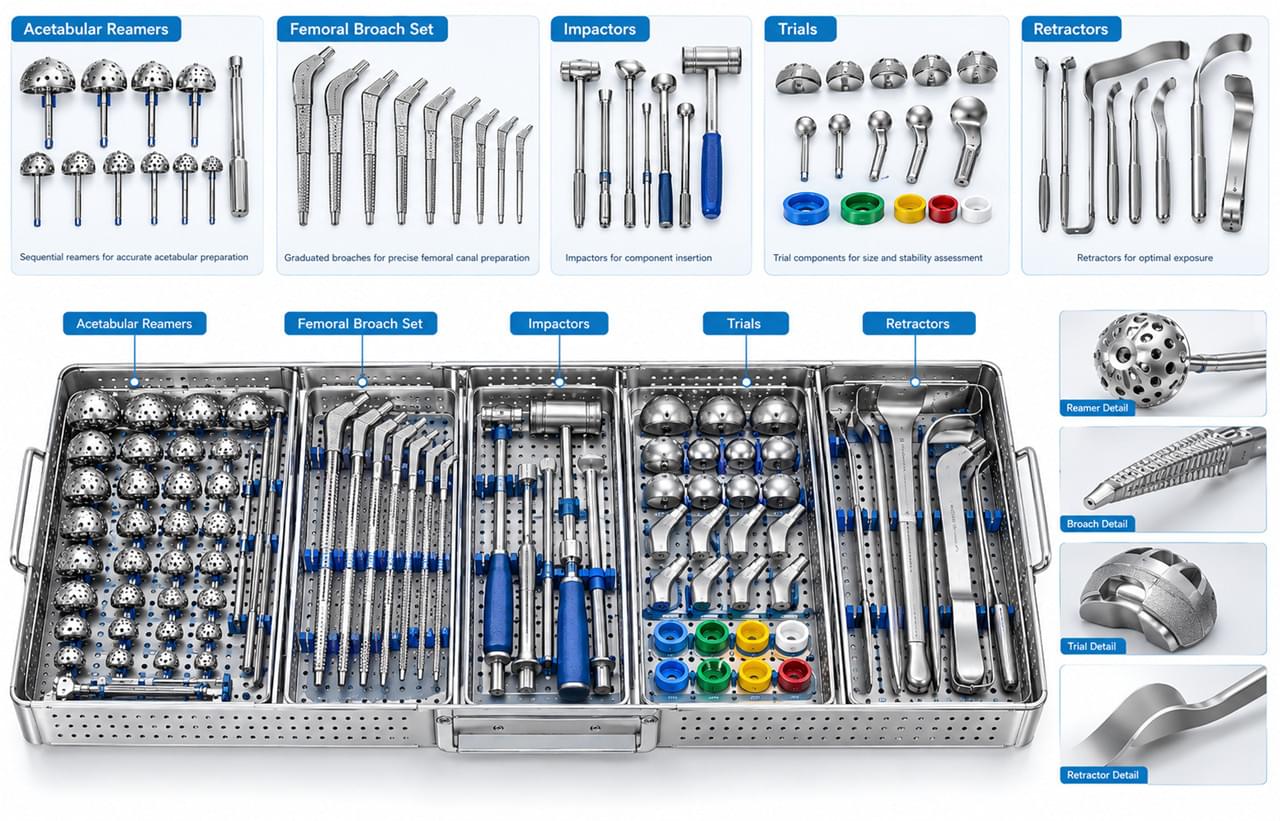 Orthopedic Instrument Set Decoded: 5 Keys to Faster, Safer Orthopedic Surgery 1 Total hip arthroplasty THA orthopedic instrument set components broach reamer impactor