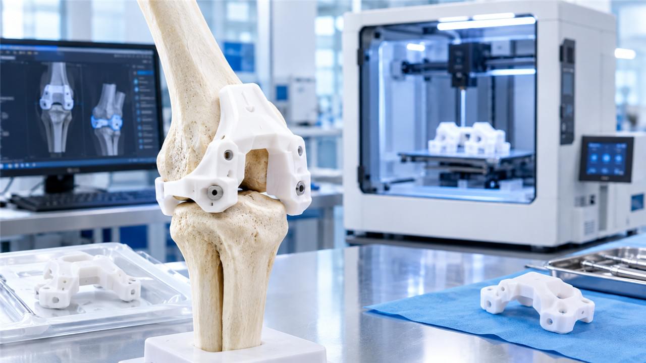 Disposable Orthopedic Instruments vs Reusable: 5 Truths That Decide Your Budget, Your Sterility, and Your Waste Bill 2 3D-printed patient-matched single-use cutting guide on knee model for TKA surgery