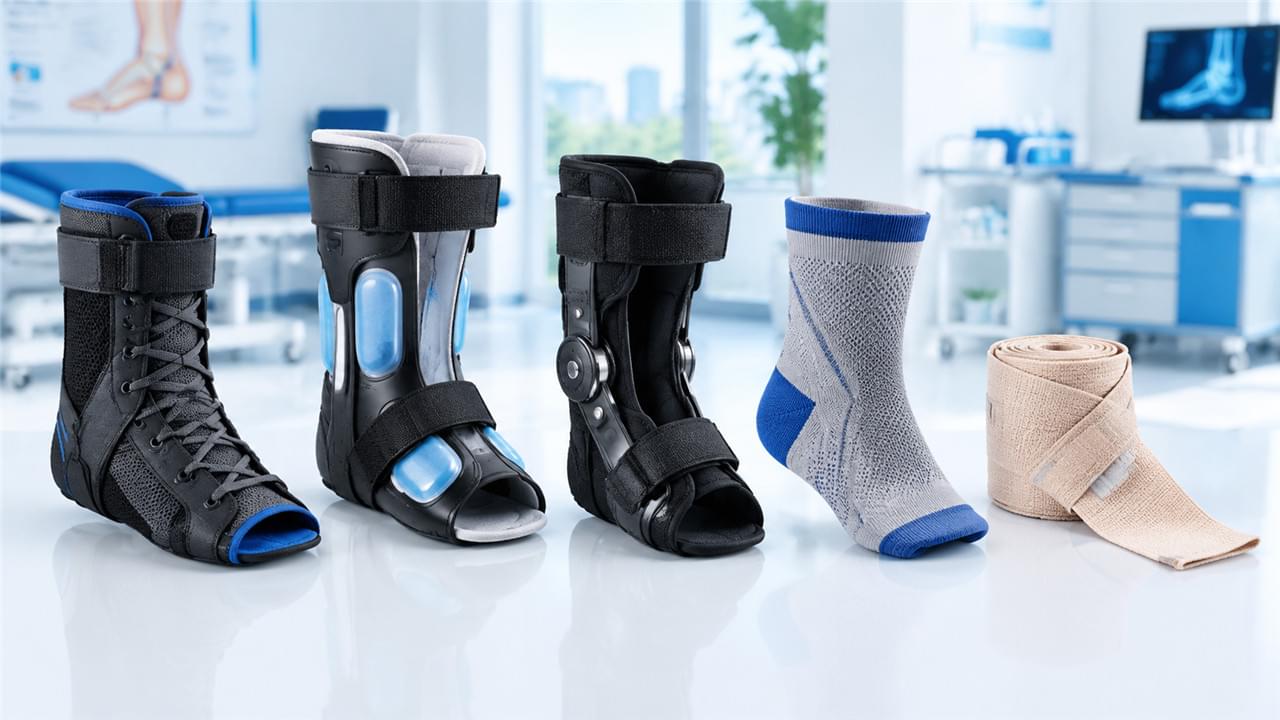 Ankle braces types collection — lace-up brace, stirrup brace, hinged stabilizer and compression sleeve