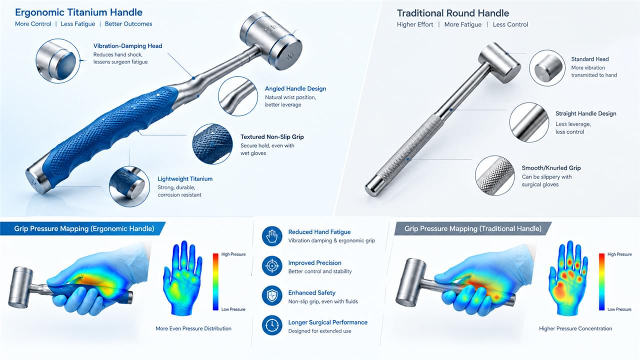 Orthopedic Instrument Innovation in 2026: 5 Trends Quietly Reshaping Every Surgical Tray 1 Ergonomic surgical instrument handle design with grip pressure mapping versus traditional handle