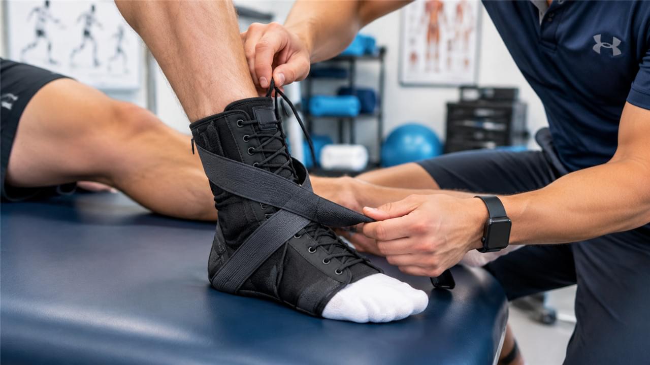 Ankle Braces Decoded: 5 Types That Prevent Injury and Speed Up Recovery 1 Lace-up ankle brace with figure-8 straps applied for ankle sprain recovery