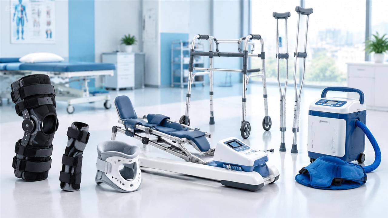 Coleção de acessórios ortopédicos e dispositivos de reabilitação — joelheiras, máquina CPM, andador e equipamentos de terapia