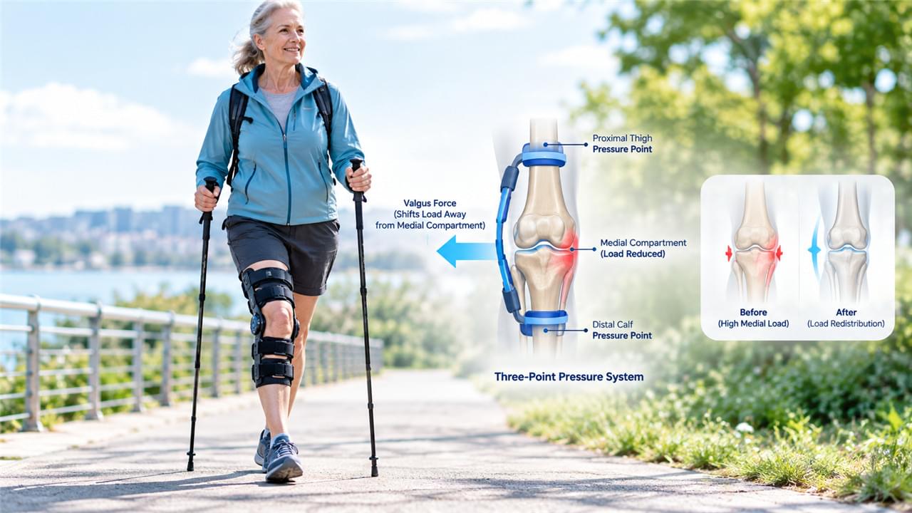 Tutori per ginocchio decodificati: 6 tipi, le loro applicazioni nel mondo reale e come scegliere quello giusto 2 Tutore per ginocchio per osteoartrite — tutore di scarico che ridistribuisce il carico nel ginocchio con OA del compartimento mediale