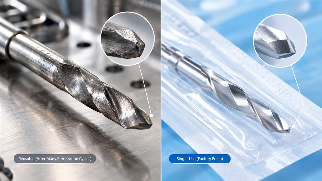 Disposable Orthopedic Instruments vs Reusable: 5 Truths That Decide Your Budget, Your Sterility, and Your Waste Bill 1 Reusable vs single-use orthopedic drill bit sharpness comparison after sterilization cycles